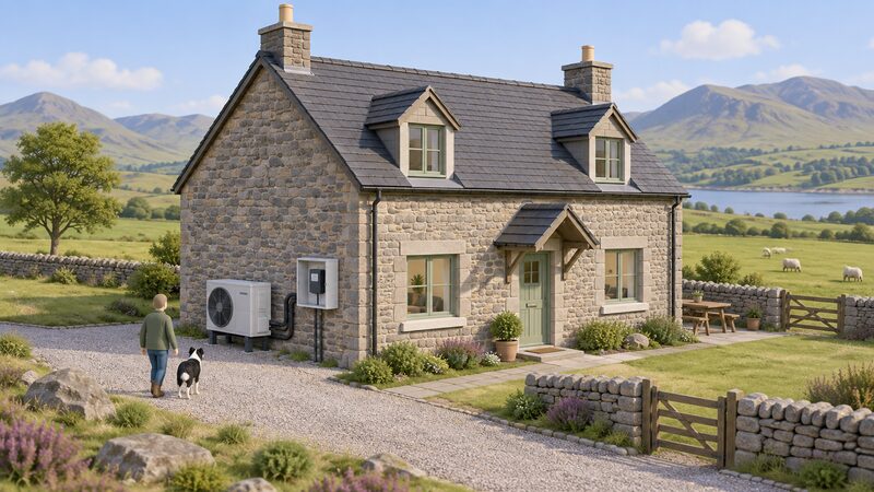 A small stone cottage in open Welsh countryside with an air source heat pump unit on an outside wall beside a wall-mounted electricity meter cabinet, and no gas meter or flue, showing the home's whole energy load carried on electricity.