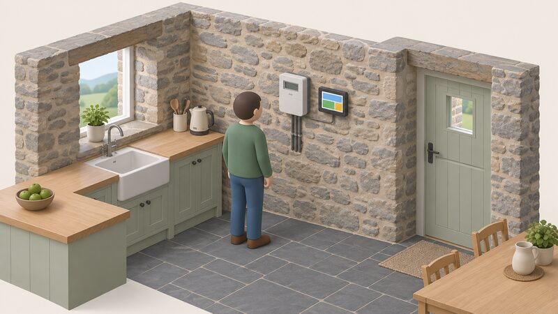 A small isometric figure stands in a Welsh stone-built kitchen looking at an in-home display mounted on the wall beside a smart electricity meter, both shown as supplier-installed equipment on the stone wall.
