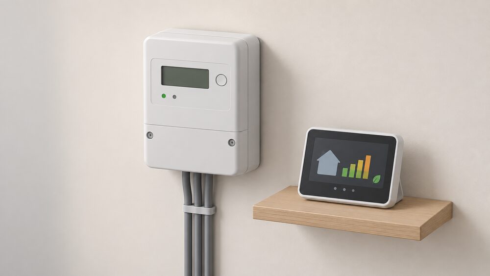 A close-up of a smart electricity meter mounted on an indoor wall, with its in-home display resting on a small shelf beside it, both shown plainly with no other equipment.