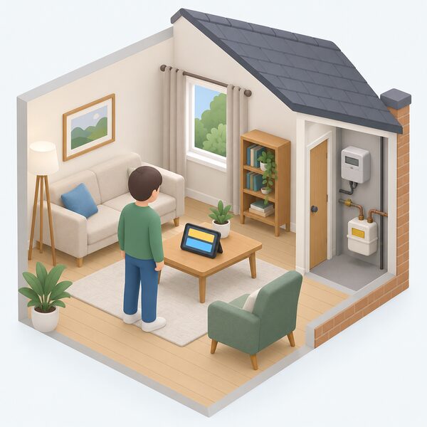 A small isometric figure stands in a home living room looking at an in-home display on a table, its screen showing plain colour bands for whole-home gas and electricity use, with the electricity meter and gas meter visible in the background of the house.