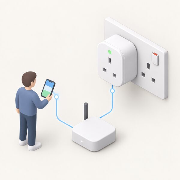 A metering smart plug plugged into a Type G wall socket, with a small isometric figure holding a phone showing a plain screen, connected by a simple local link line to a nearby Thread border router device, with no cloud symbol anywhere in the scene.
