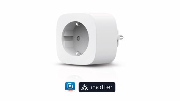 A white Bosch smart plug with a European socket and Matter logo beneath it