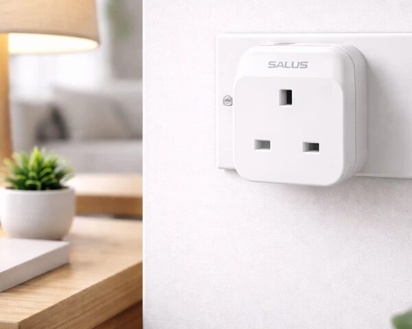 A white SALUS smart plug socket plugged into a UK wall socket in a home interior