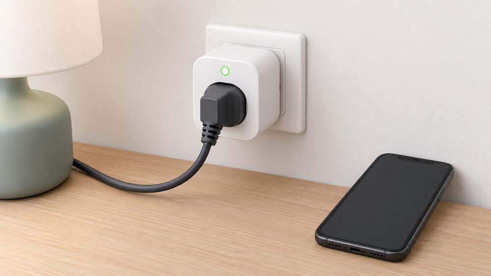 A close-up of a single metering smart plug pushed into an indoor wall socket, with one appliance's plug inserted into the front of it and a phone with a blank screen resting nearby, nothing else in the scene.