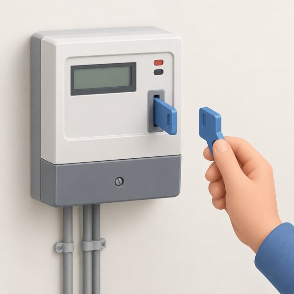 A traditional key prepayment meter mounted on a wall in a home, with its plastic key inserted, and a hand holding the same style of key beside it, showing the physical token used for topping up.