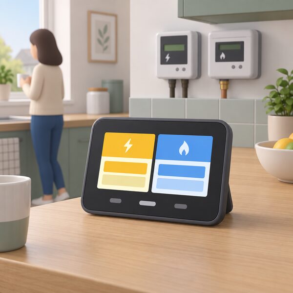 A cordless in-home display standing on a kitchen worktop in a UK home, its screen showing a plain colour-banded panel with a separate balance block for each of the two fuels, electricity and gas, so the household can see both running credit balances side by side without using the meter.