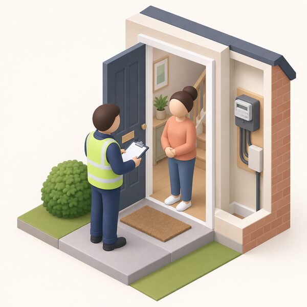 A supplier representative at a household's front door, clipboard in hand, speaking with a householder while the existing electricity meter is visible nearby, assessing the home before any prepayment installation.