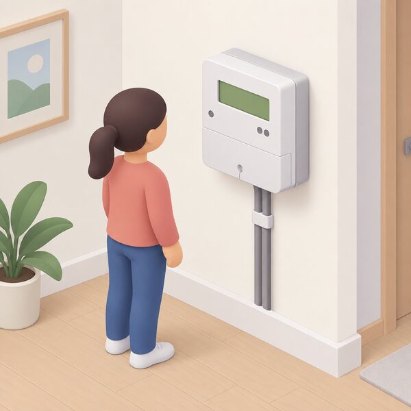 A smart electricity prepayment meter mounted on an inside wall of a home, with a small isometric figure standing beside it looking at the meter's display, showing the credit balance held safely on the meter while supply continues under a new supplier.