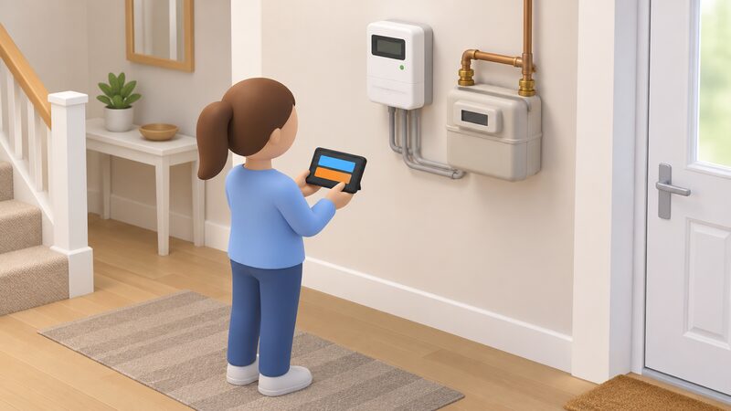 A domestic hallway with a smart electricity meter on the wall and a gas meter nearby, while a small simplified figure stands holding the in-home display whose screen shows plain colour bands representing the balance for each fuel.