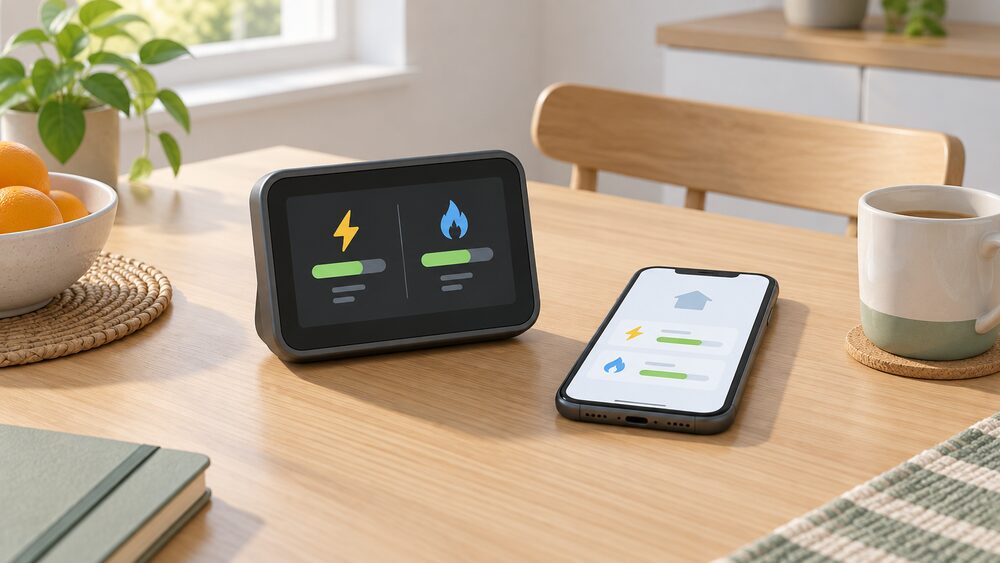 A kitchen table in daylight with a smartphone lying face-up beside an in-home display showing a credit balance, with no top-up key, card or barcode anywhere in sight, showing that a smart prepayment meter can be topped up remotely from home.