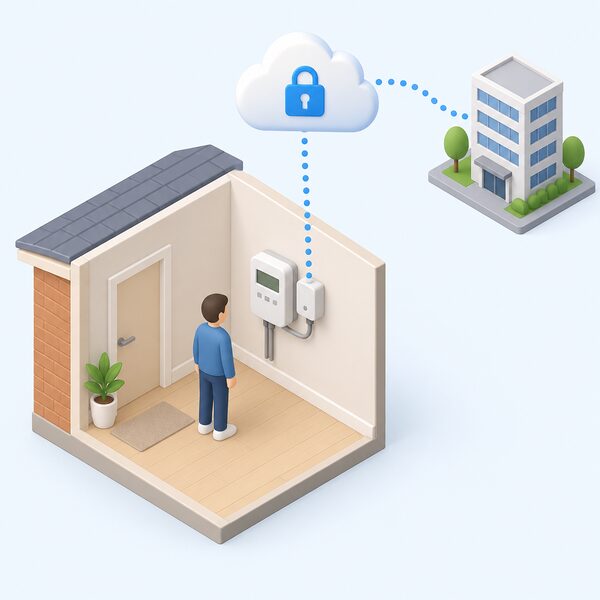 A SMETS2 electricity smart meter mounted on an interior wall of a home, with a simplified isometric figure nearby, and a signal path shown as a plain dotted line rising from the meter's communications hub to a stylised secure national network cloud that links onward to an energy supplier's building.