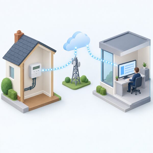A cutaway wall view showing a smart meter remaining fixed in place on the household wall while a signal travels from it across a simplified national network to a new supplier's office, where a figure reads the incoming data on a screen.