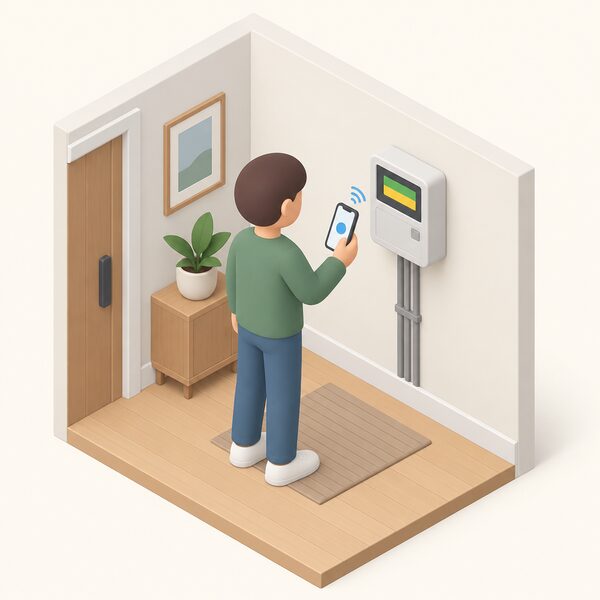 A smart electricity meter mounted on an interior wall of a home, its display showing plain colour bands indicating prepayment mode, while a simplified isometric figure stands beside it topping up by phone, with no card or key anywhere in the scene.