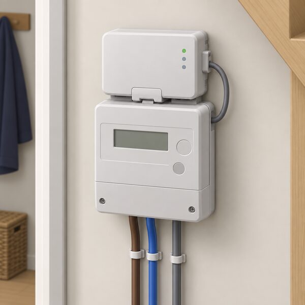 A close-up view of a SMETS2 smart electricity meter mounted on an indoor wall or under-stairs cupboard, with a separate communications hub clipped on top of it, drawn as a simple cutaway so the hub's attachment to the meter is clearly visible.
