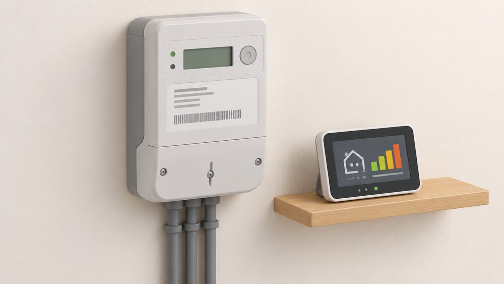 A close-up of a single smart electricity meter mounted on a plain indoor wall, its front label visible, with its separate in-home display unit shown nearby on a small shelf, nothing else in the scene.