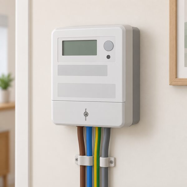 A single first-generation smart electricity meter mounted on an interior wall of a UK home, shown as a neat wall-hung unit with its wiring entering from below, now connected to the national network and working normally.