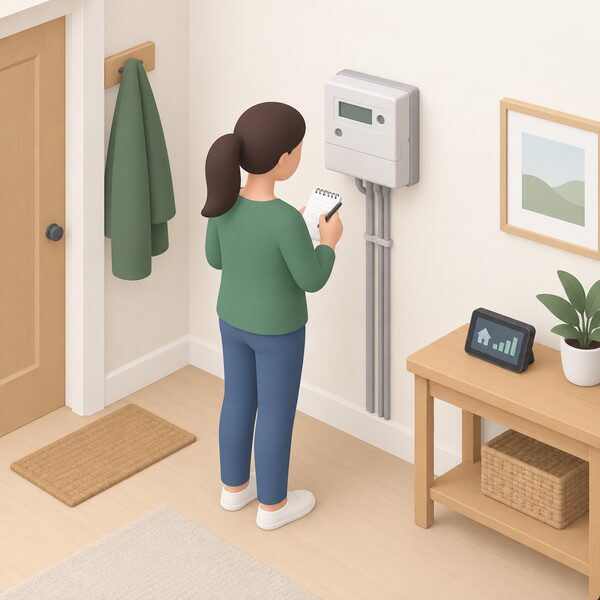 A householder standing at an electricity meter on an internal wall, writing a manual reading on a notepad, with the in-home display visible nearby on a table.