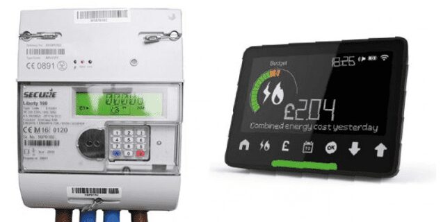 A Secure Liberty smart electricity meter next to a black smart energy display in-home unit showing energy cost