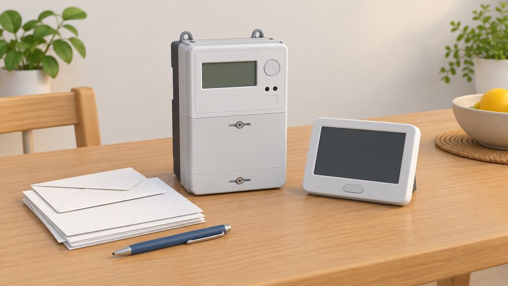 A first-generation smart electricity meter sits on a kitchen table beside a small stack of blank letters and envelopes and a pen, with an in-home display unit showing a blank screen standing next to it.