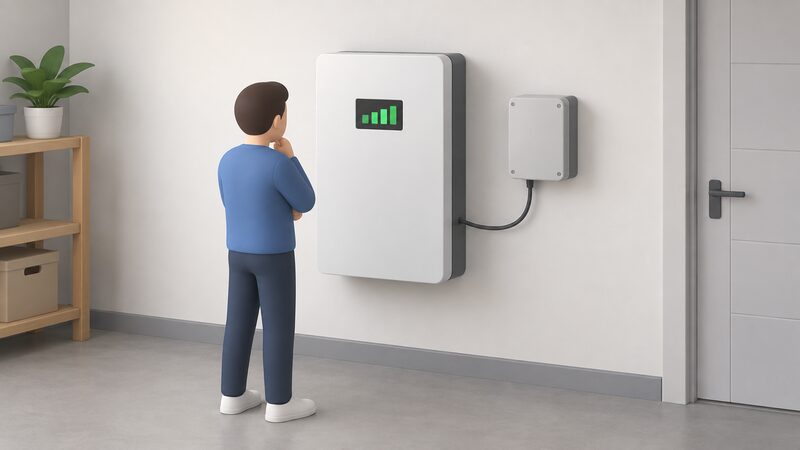 A wall-mounted home battery indoors with a small local display panel on its front showing plain bars, and a separate communications gateway box beside it linked by a cable, with a simplified figure standing in front reading the display.