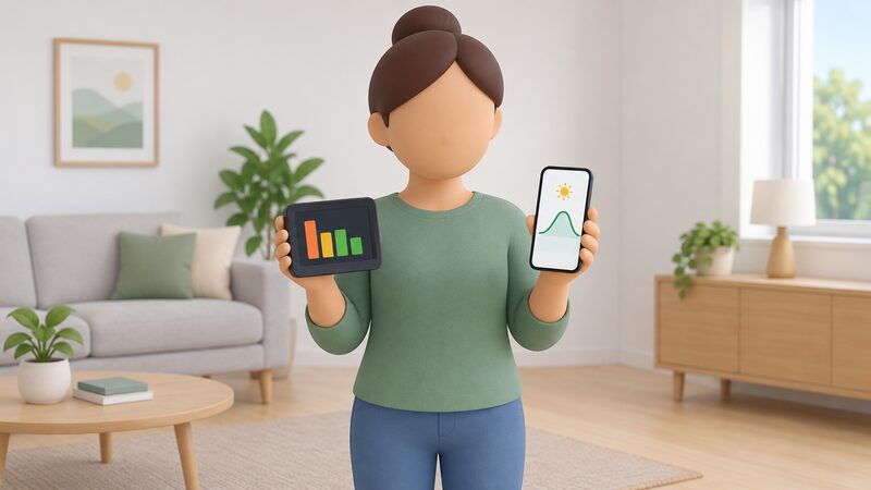 A simplified householder standing indoors holding a smart meter in-home display in one hand and a smartphone showing a solar monitoring app in the other, the display showing plain consumption bars and the phone screen showing a simple generation line, with no readable words or numbers.
