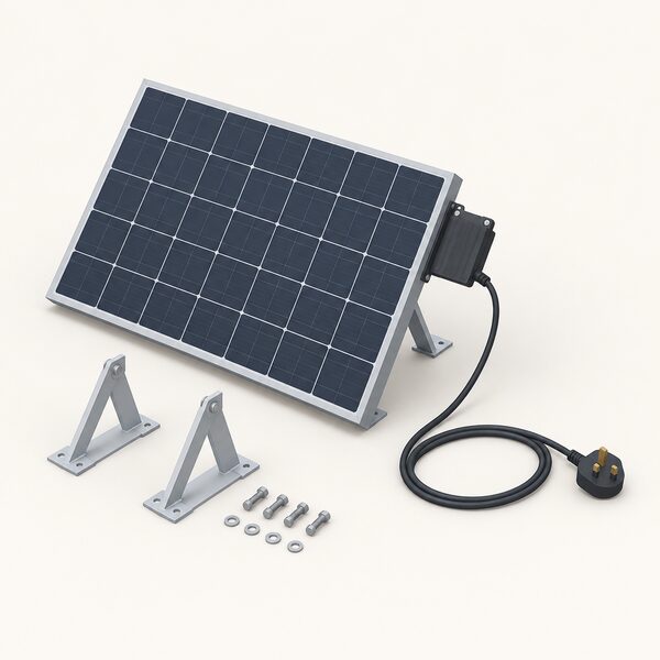 A plug-in solar kit laid out on the ground showing one solar panel, a small microinverter attached to it, a lead running from the microinverter and ending in a standard three-pin plug, with mounting brackets beside the panel.