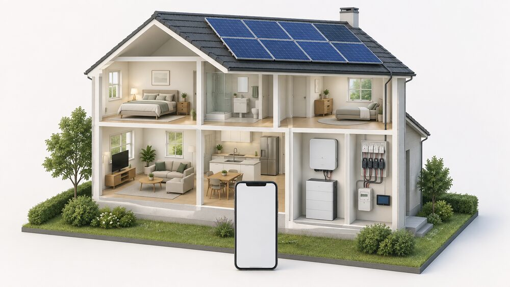 A cutaway house with solar panels on the roof, an inverter and battery indoors in a utility space, a whole-home energy monitor with clamped sensors at the electrical panel, and a smartphone showing a blank monitoring dashboard held centrally.