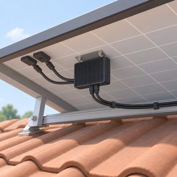 A close-up view beneath a single solar panel on a roof showing a small black power optimiser box mounted to the underside of the module, with its cables running to the panel connections and onward along the roof.
