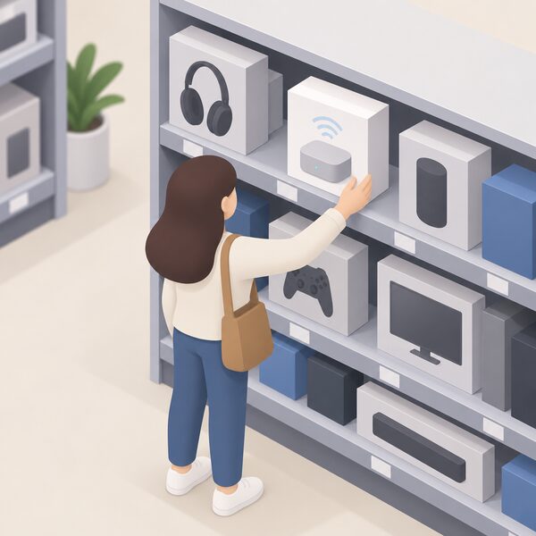 A plain boxed smart home hub standing on a shop shelf among other boxed electronics, with a simplified isometric shopper figure reaching for it as a one-off purchase in a UK retail store.