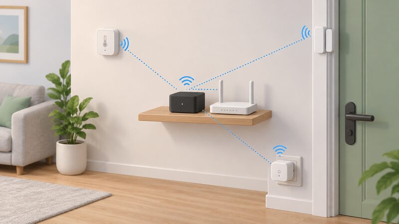 A small black iHost hub on a shelf beside a Wi-Fi router, with a Zigbee temperature sensor on the wall, a door sensor on a nearby door frame and a smart plug in a socket, all shown as devices joined to the hub over short radio links.