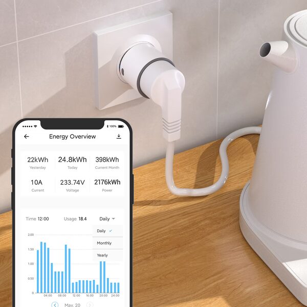 A white SONOFF smart plug in a wall socket powering a kettle, with a phone app showing an energy usage overview