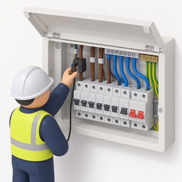 An open domestic consumer unit with a split-core current clamp clipped around one circuit's cable, its core snapped closed around the insulated conductor without touching any bare live parts, with a small simplified electrician figure working at the panel.