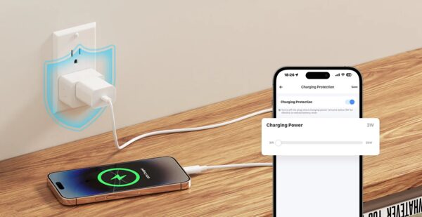 A white SONOFF smart plug in a wall socket charging a smartphone, with a phone app screen showing charging protection settings