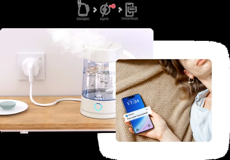 A Sonoff smart wall socket with a plugged-in kettle boiling, alongside a phone showing a 'water has boiled' notification