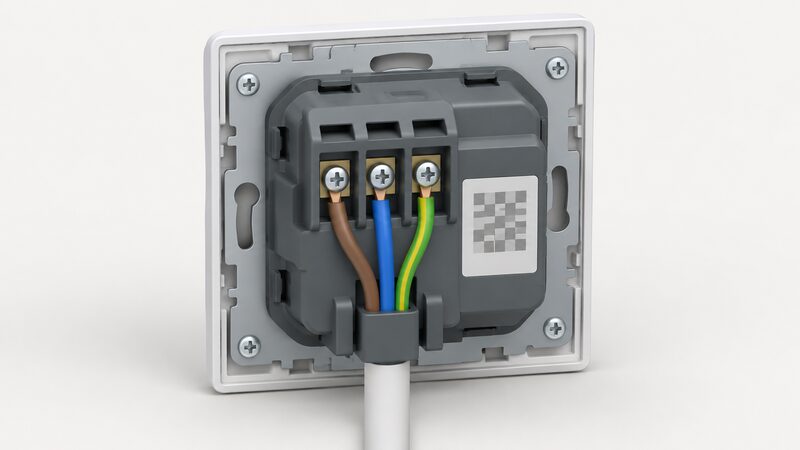 A close-up of the rear of a Type F smart wall socket, showing its screw terminals and wiring connections with a Matter pairing code label affixed beside them, drawn as a physical object with the code shown only as a blank pattern block.