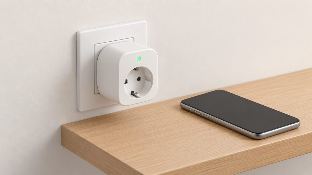 A close-up of a single smart plug plugged into a wall socket on an interior wall, with a smartphone resting beside it on a small shelf showing a blank screen, and nothing else in the frame.