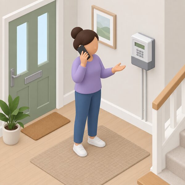 A householder standing in the hall holding a phone to their ear, asking their supplier for a change from prepayment to credit, with a wall-mounted electricity prepayment meter with a display and keypad visible on the wall beside them.