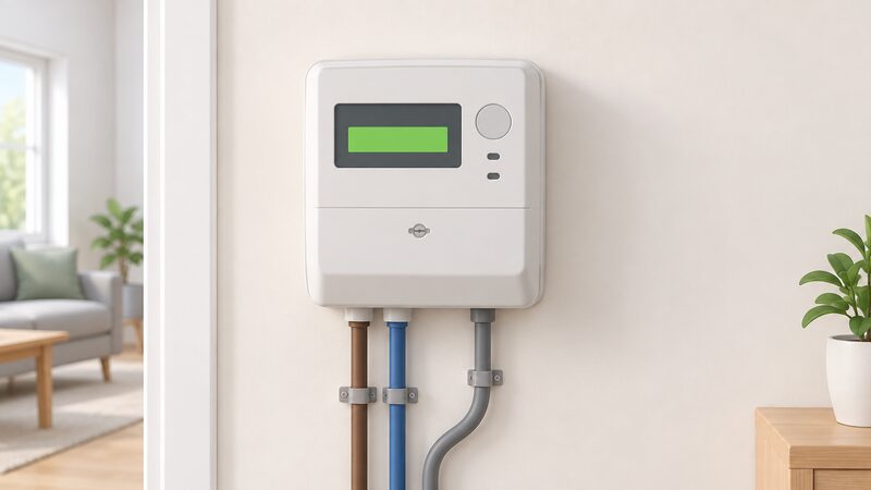 A wall-mounted electricity smart meter with its display showing a plain credit balance block, drawn as the existing meter in place on the wall with its connections intact, illustrating that the same hardware serves both credit and prepayment modes with no new installation needed.