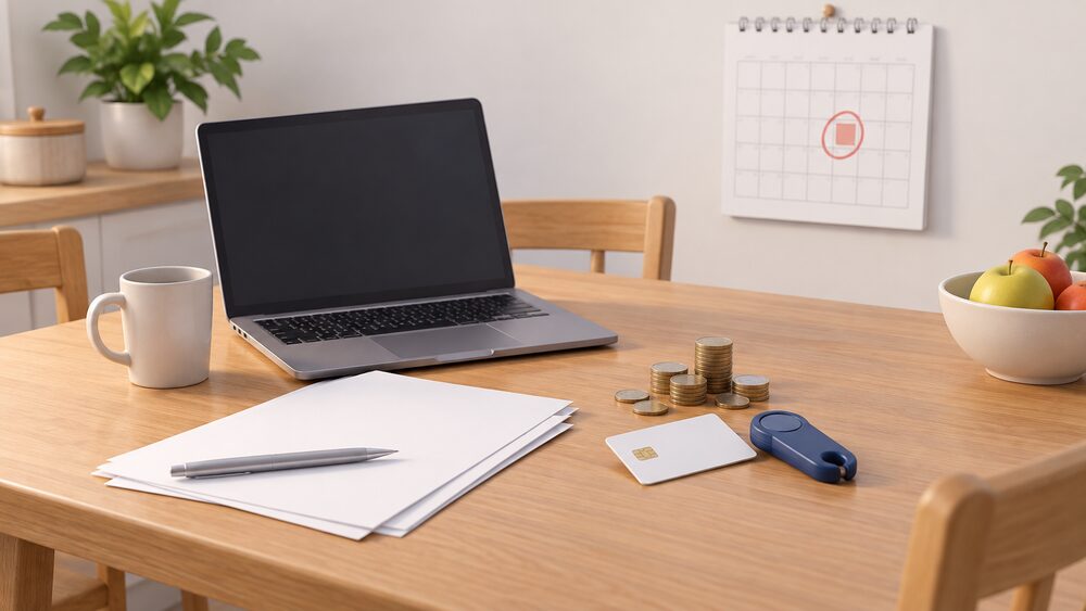 A kitchen table with blank application paperwork and a blank-screen laptop, beside a prepayment top-up key and smart card resting on a stack of coins, with a wall calendar behind showing the switch is being planned.