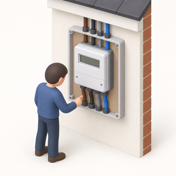 A three-phase electricity meter mounted at the property, shown in cutaway so three live conductors and one neutral are seen entering and passing through the meter, with a simplified isometric installer figure checking the connections.