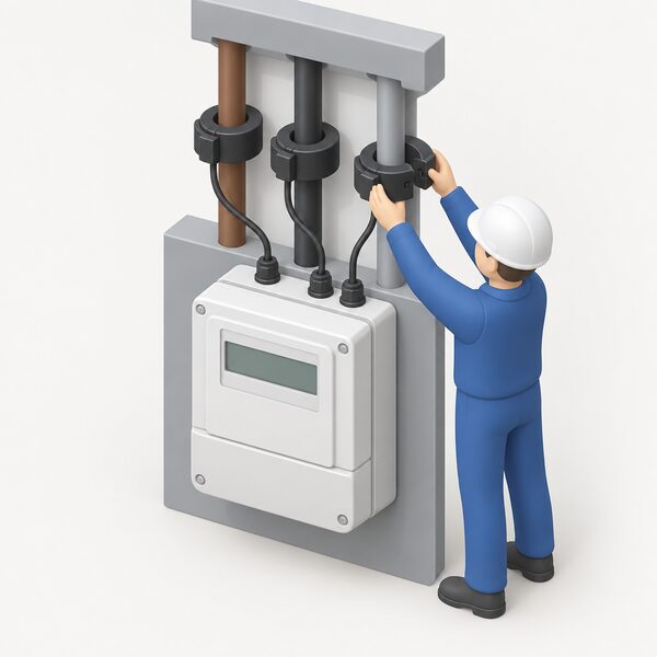 A close-up isometric view of a three-phase meter at the grid connection point, with three separate phase conductors running into it and a small ring-shaped current transformer clamped around each conductor, one installer figure fitting the third clamp.
