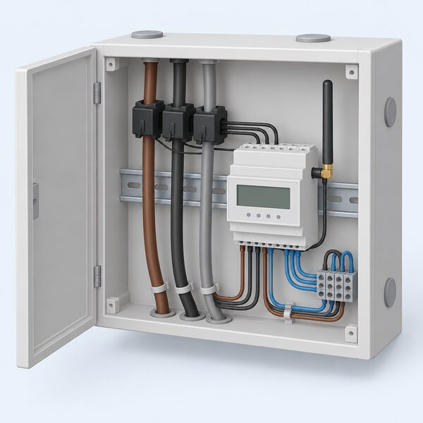 A three-phase smart meter clipped onto a DIN rail inside a consumer unit, with three current transformers clamped around the incoming three-phase cables, a small antenna attached, and wiring running to a terminal block.