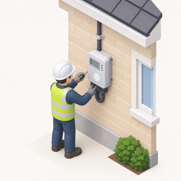 A small isometric installer figure fits a certified three-phase smart meter onto the outside wall of a home, following the supplier's installation process, with the meter connected to the incoming supply cable and a certification mark shown as a plain blank badge on the meter body.
