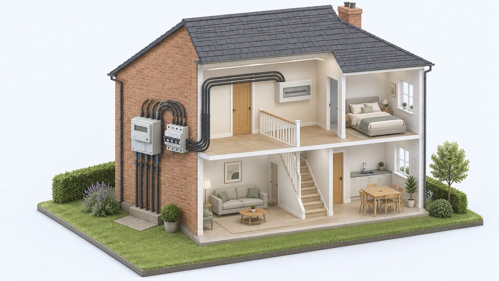 A cutaway of a house showing the electricity meter position with eight thick cables entering it, four of those cables running onward to the consumer unit on an inside wall, and a linked multi-pole miniature circuit breaker beside the meter.