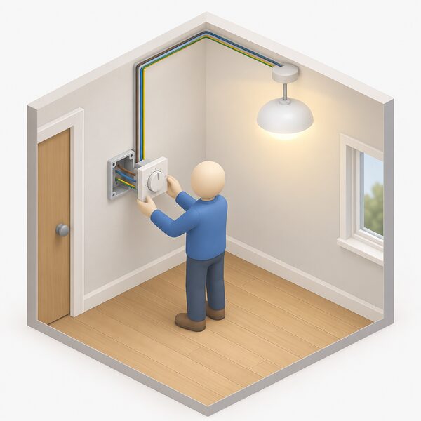 A small isometric figure stands at an interior wall where a wired timer unit, fitted in place of an old wall switch, has been installed, with the wiring from the lighting or heating circuit running into its back box and a ceiling light fitting shown switched by it.