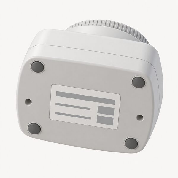 A close-up view of the underside of a timer's plastic casing, tilted toward the viewer, with a rectangular rating label stuck flat on the surface showing blank lines and plain blocks where the model and serial number code would be printed.