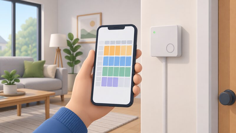 A hand holds a smartphone displaying a timer app with a weekly schedule grid of plain colour blocks, with a connected timer unit visible on the wall of the room behind, suggesting the schedule now lives in the app rather than on the unit.