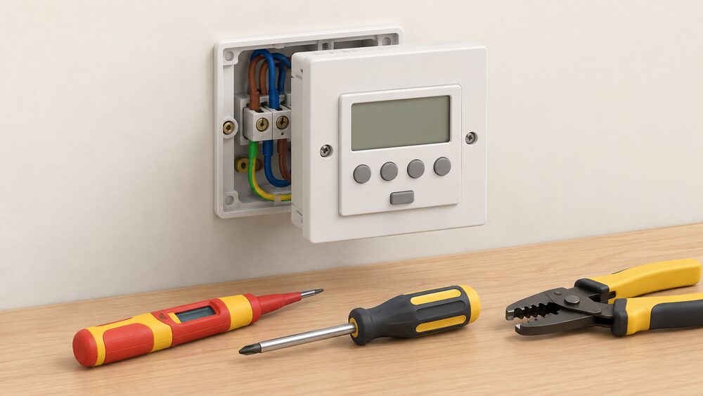 A close-up of a wall-mounted Timeguard-style digital time switch fitted in a wall box on an interior wall, its blank display and buttons visible, with an electrician's voltage tester, screwdriver and wire strippers resting on a nearby surface beside the isolated, open wiring connections.