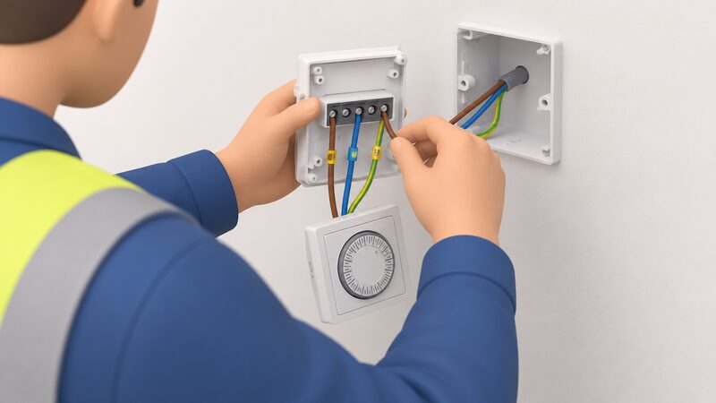 A close-up of an electrician's hands terminating identified conductors into the back of a wall-mounted timer unit beside an open wall box, with the front of the timer hanging loose on its wires and the circuit isolated before refitting.