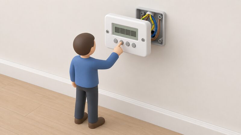 A small isometric figure stands before a white wall-mounted digital timer with a blank LCD screen and push buttons, screwed to a wall box with visible wiring entering from behind, on a plain interior wall.
